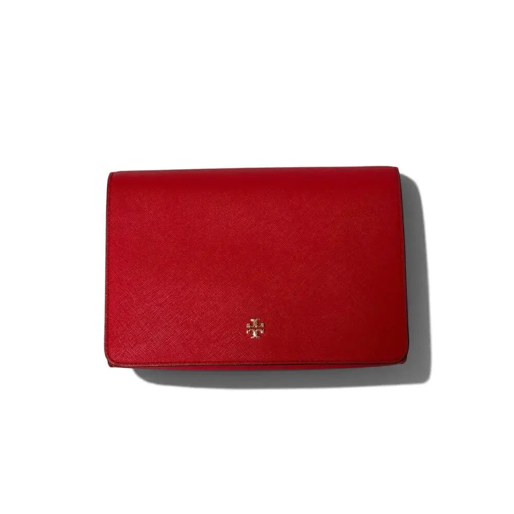 TORY BURCH Leather Crossbody Bag with Gold Hardware - Poppy Red Color